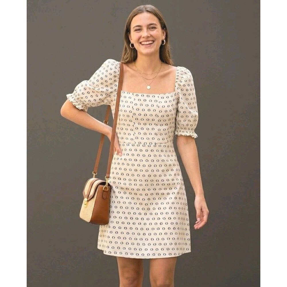 ​FORE Linen/Cotton Cream & Black Print Square Neck Puff Sleeve Mini Dress  L